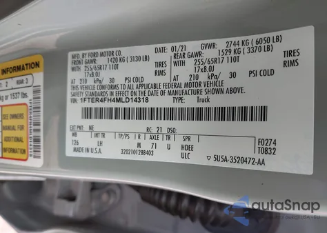 2021 Ford Ranger Xlt из США, поврежденный, VIN 1FTER4FH4MLD14318